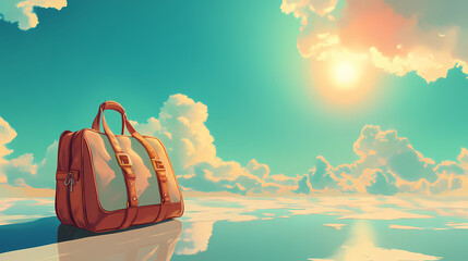On a sunny day, a sweeping view captures a cheerful flat-style travel bag, reflecting the enthusiasm of starting a new adventure. Dreamless Void. Illustration