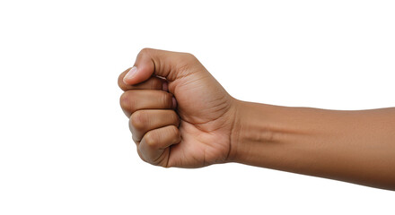 Showing clenched fist of human hand against a white background