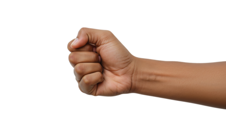 Showing clenched fist of human hand against a white background