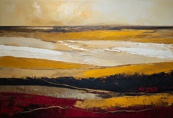 Naklejka premium A painting of a river running through a desert landscape.