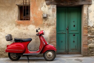 Classic red scooter parked near old building in italian town