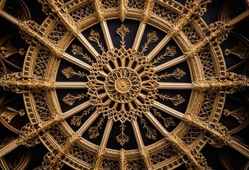 A gold and black ceiling with a circular design.