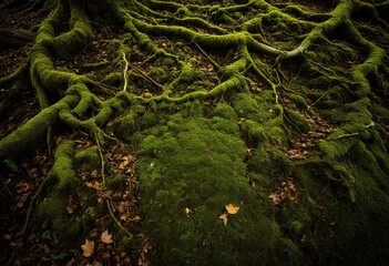 Obraz premium A forest filled with lots of green moss covered trees.