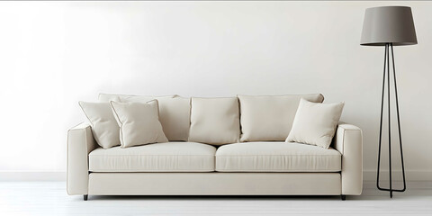 modern velor beige sofa floor lamp white background studio