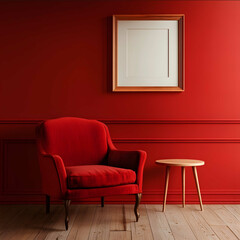 a red armchair in front of a deep red wall wooden floor mid century small wooden side table a picture frame is on the wall clean modern minimalist design studio sto