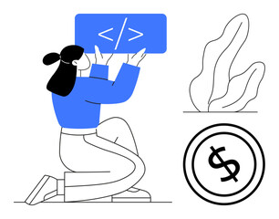 Woman lifting a coding panel, plant and dollar sign illustrate tech innovation, finance, and growth. Ideal for coding, finance, business, innovation, investment tech learning career advancement