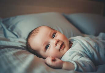 Adorable baby smiling while lying on soft pillows