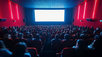 A crowded cinema filled with moviegoers enjoying a film screening in a vibrant atmosphere
