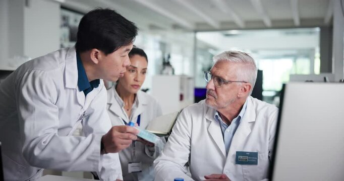 People, scientist and discussion in group at lab, medical research and problem solving for solution. Men, woman and team with pc for clinical trial, listening and point for pharmaceutical study