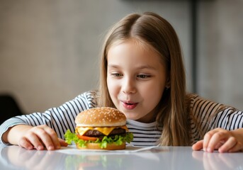 Excited girl admiring a delicious cheeseburger on a table