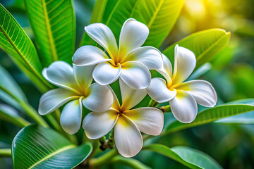 Obraz premium frangipani flower on green leaf