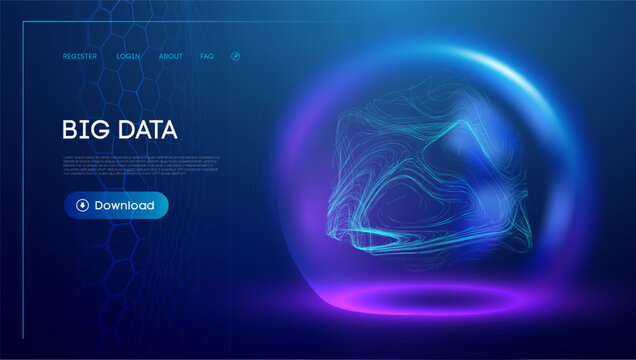 Digital big data cube ai tech background. 3d abstract blue artificial line box. Computer science semiconductor quantum network. Fintech technology chip blockchain vector.