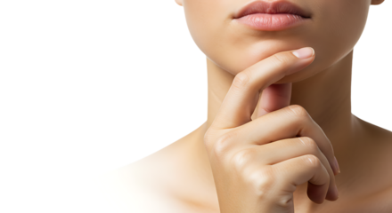 Woman thoughtfully considers options with hand on chin against white backdrop