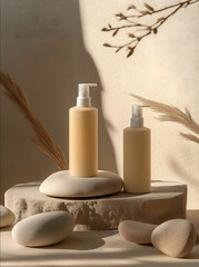 An aesthetic and minimalistic background for two bottles of shampoo on a podium surrounded by stones and wood with a beige color palette The product photography