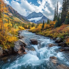 Crystal-clear river with colorful autumn foliage.