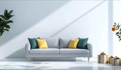 A gray sofa with teal and yellow pillows a white floor gift boxes on the ground a front view a light interior a minimalist style a simple background soft daylight a