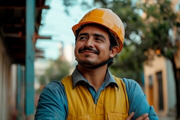 A construction worker wearing a hard hat and safety vest stands confidently with crossed arms at a construction site. The environment features a clear sky and surroundings of ongoing development