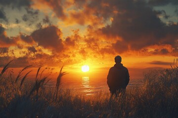Fototapeta premium Man watching a sunset after a long day