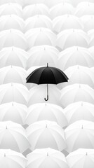 A solitary black umbrella is positioned amidst countless white umbrellas, creating a striking visual contrast in a serene setting