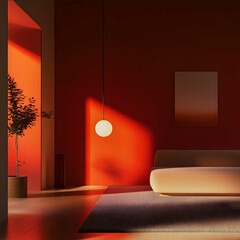 Home scene red front warm tone low contrast rich details lighting modern decoration wall corner wideangle lens ar 34