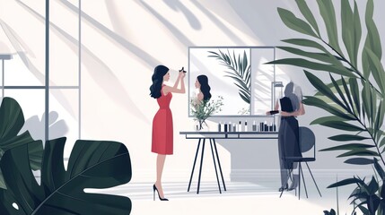Elegant Woman Applying Makeup in a Modern PlantFilled Room with Natural Light and Reflections