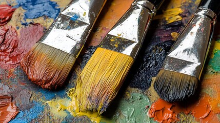 Fototapeta premium Artistic Paintbrushes Rest Upon A Colorful Mixture of Wet Paints