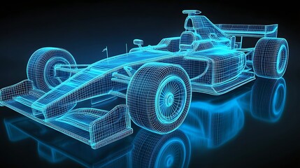 A futuristic blue wireframe model of a fast racing car