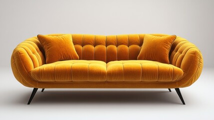 Yellow velvet sofa, tufted, modern design, minimalist background, home decor