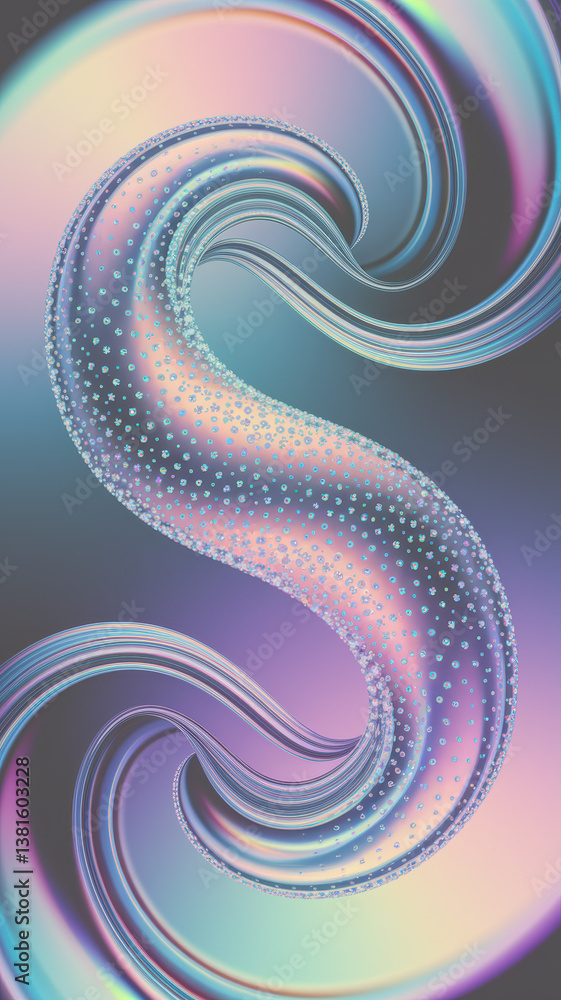 Poster dynamic abstract flow of iridescent curves with dotted texture in soft pastel hues