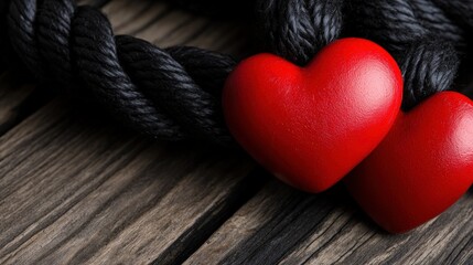 This intimate image features two bright red hearts intertwined with a sturdy black rope, resting on weathered wood. It symbolizes love, connection, and bond between people.