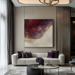 modern luxurious livingroom with a painting on the wall painting minimalist neat colors beige dark red light grape color white metallic gold