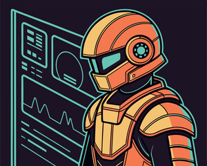 Futuristic Robot Interface: Android with Helmet and Digital Data Screens.