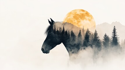 Intricate double exposure artwork blends the head of a horse with a tranquil landscape, featuring silhouetted trees and a glowing sun in the background