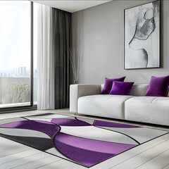 Modern purple and gray rug with abstract shapes a white sofa in the background interior design of a modern living room