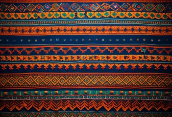 A close up of a blue and orange patterned fabric.