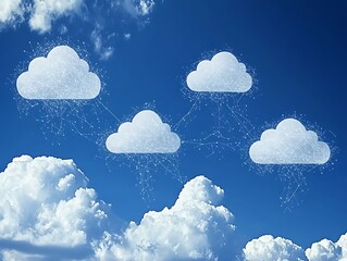 White cloud network graphic illustration against a vibrant blue sky