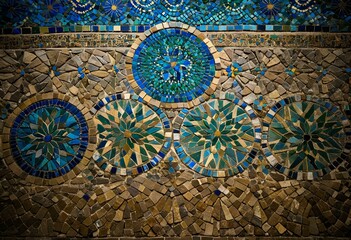 Fototapeta premium A close up of a blue and gold mosaic floor.