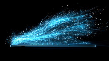 A laptop displays flowing digital data and energy visualization