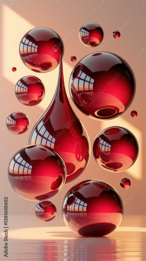 Poster elegant abstract composition of shimmering red spheres and droplets reflecting soft light