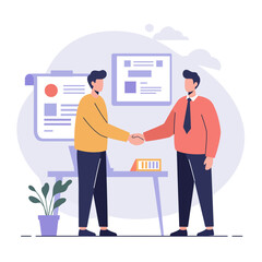 Businessmen shaking hands in an office setting  