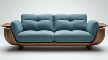 Teal fabric sofa, wooden frame, studio shot, minimalist background, home decor