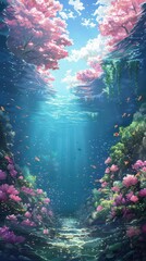 Obraz premium A serene underwater scene with colorful coral and fish illuminated by sunlight.
