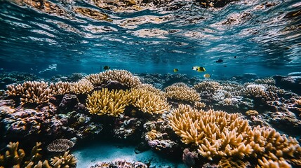 Underwater view showing coral reefs and various fish species swimming freely