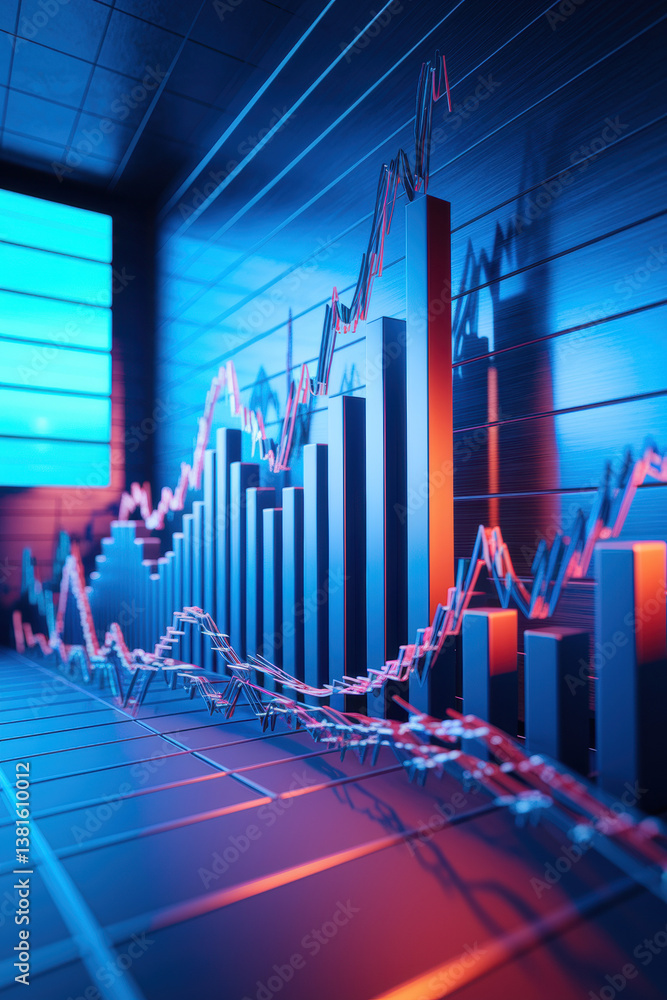 Poster dynamic financial growth chart with colorful 3d graphs in a modern trading environment