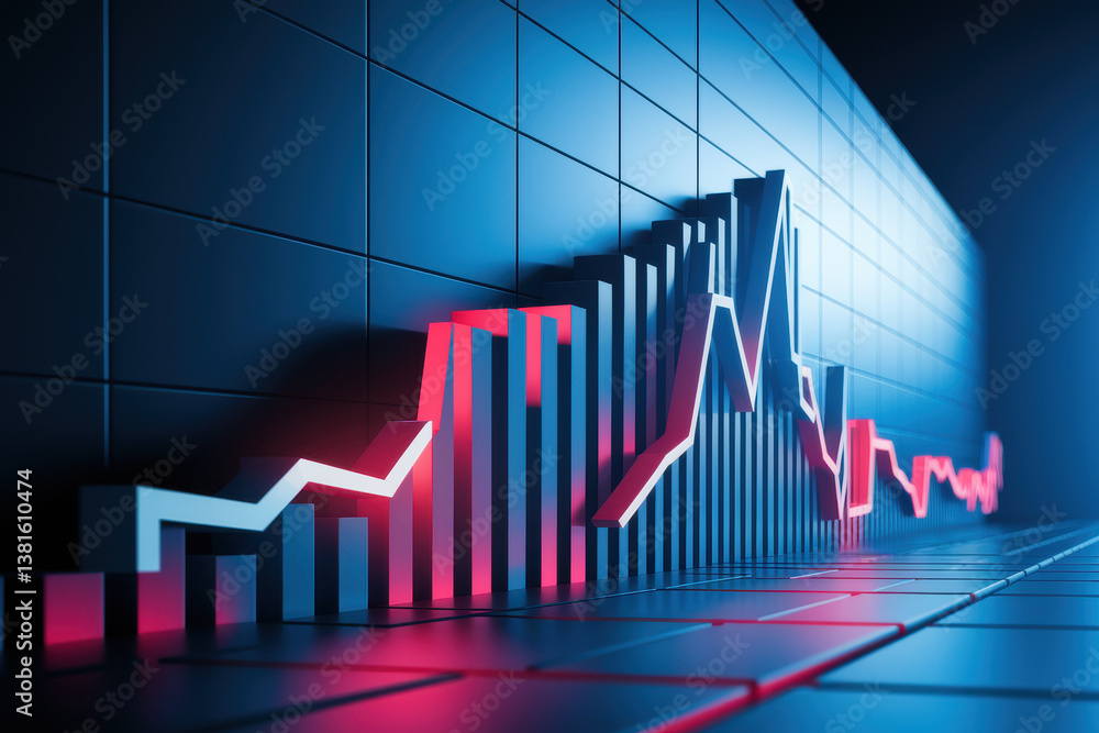 Poster dynamic financial data visualization with glowing graphs in cool blue and red tones