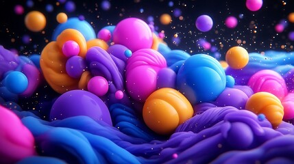 Vibrant abstract composition featuring swirling shapes and spheres in space