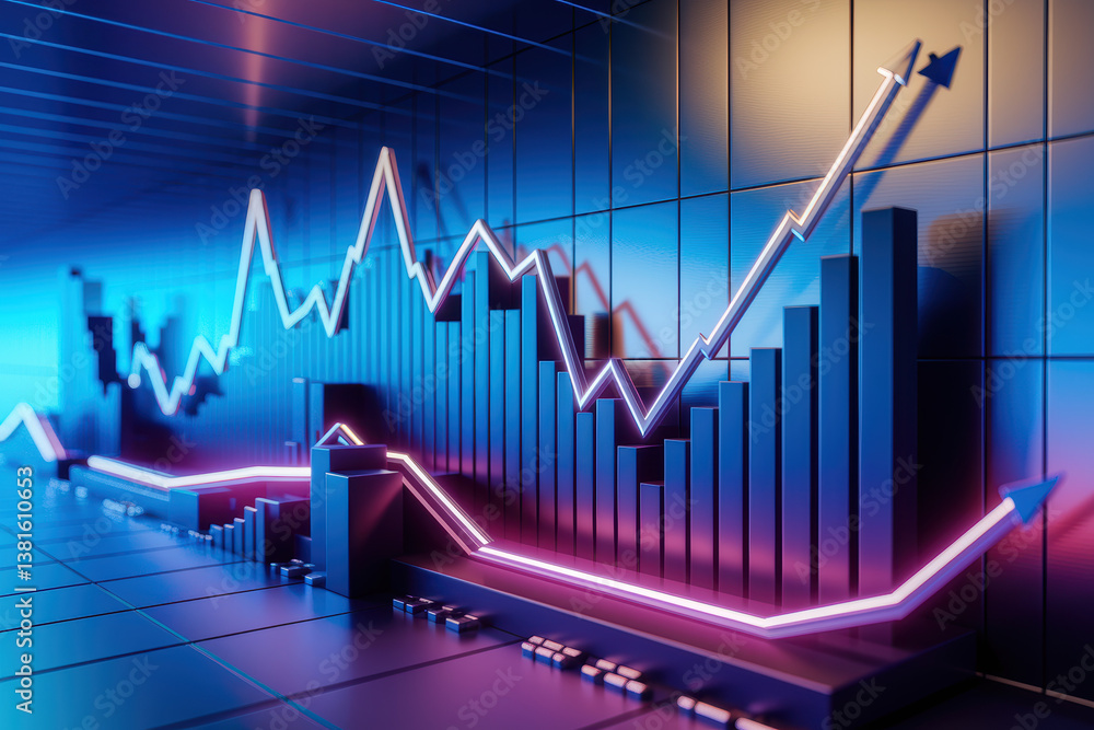 Aufkleber dynamic financial growth visualized with colorful graphs and high-tech ambiance in deep blue and neo