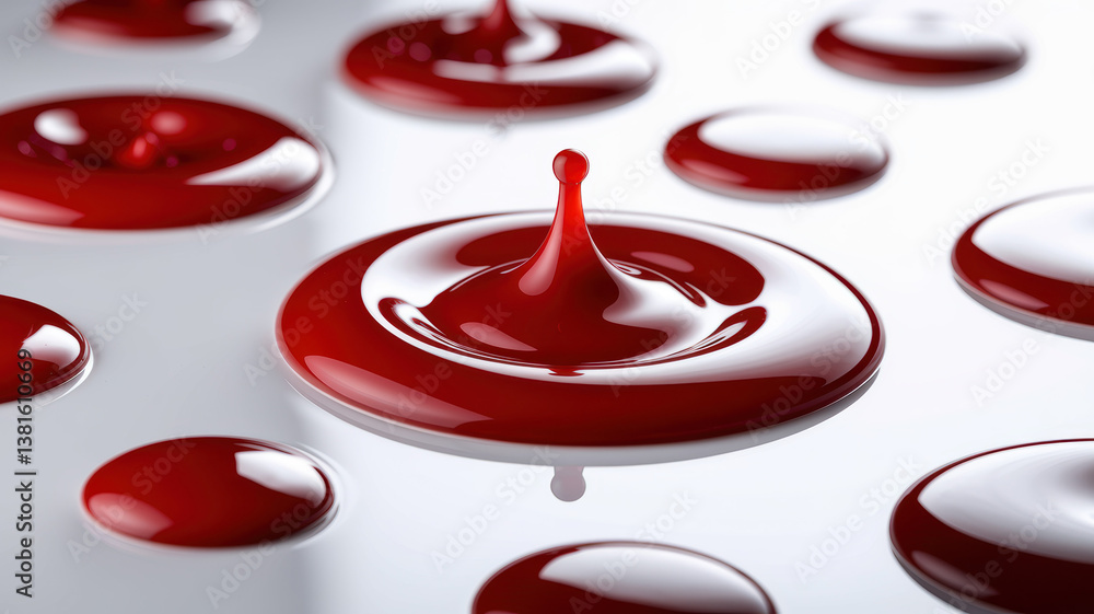 Poster captivating close-up of glossy red paint droplets on reflective surface with dynamic ripple effects