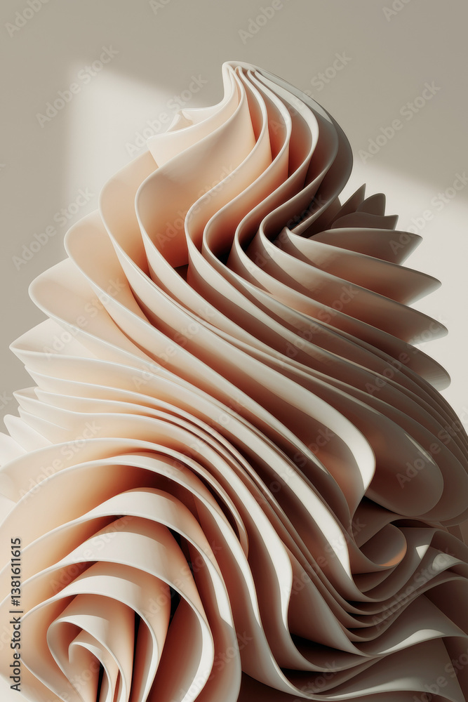 Poster abstract creamy sculpture with flowing curves and soft shadows in minimalist beige setting