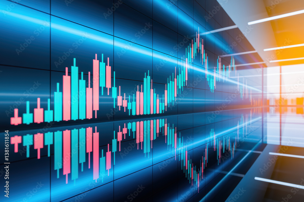 Aufkleber dynamic stock market graph display with vibrant candle charts and reflective surface in modern offic